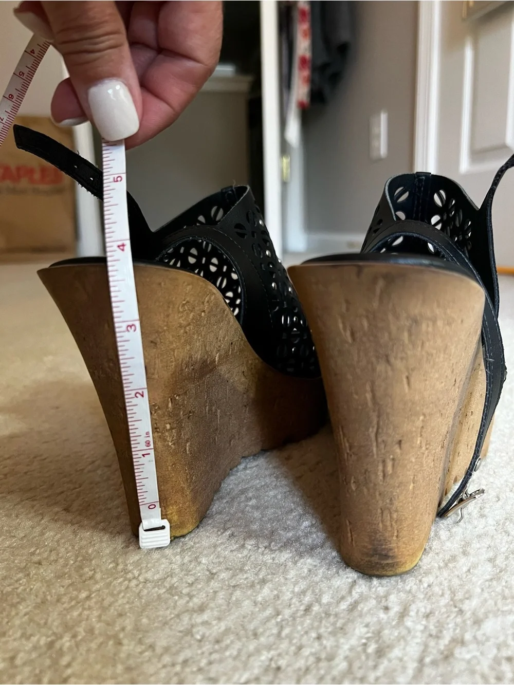 Made in Italy Black Laser-Cut Wedge Sandals with Cork-Look Platform